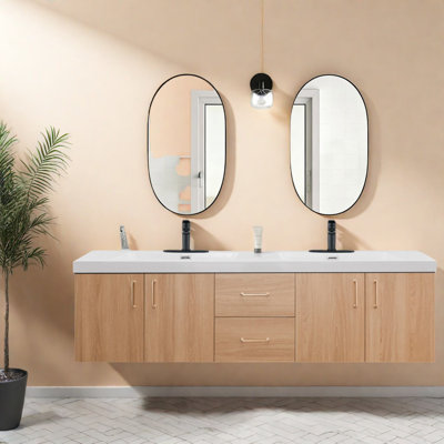 Meuble-lavabo moderne à faible encombrement avec lavabos doubles, panneau de fibres à densité moyenne et chêne doré