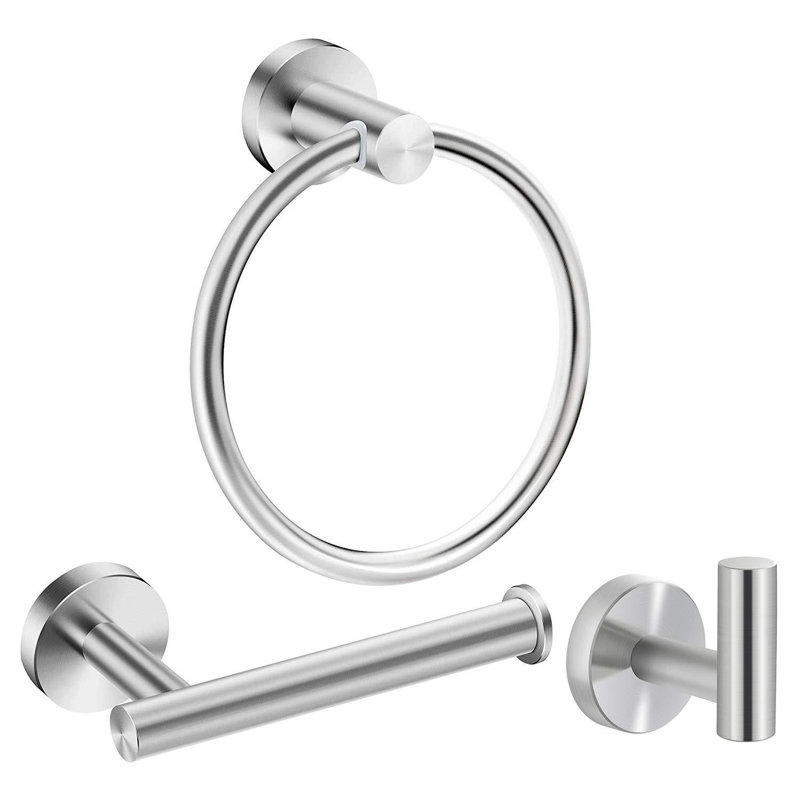 Ensemble d'accessoires de salle de bain 3 pièces comprenant un anneau porte-serviettes, un crochet porte-serviettes et un porte-papier hygiénique, avec matériel de fixation, en acier inoxydable.
