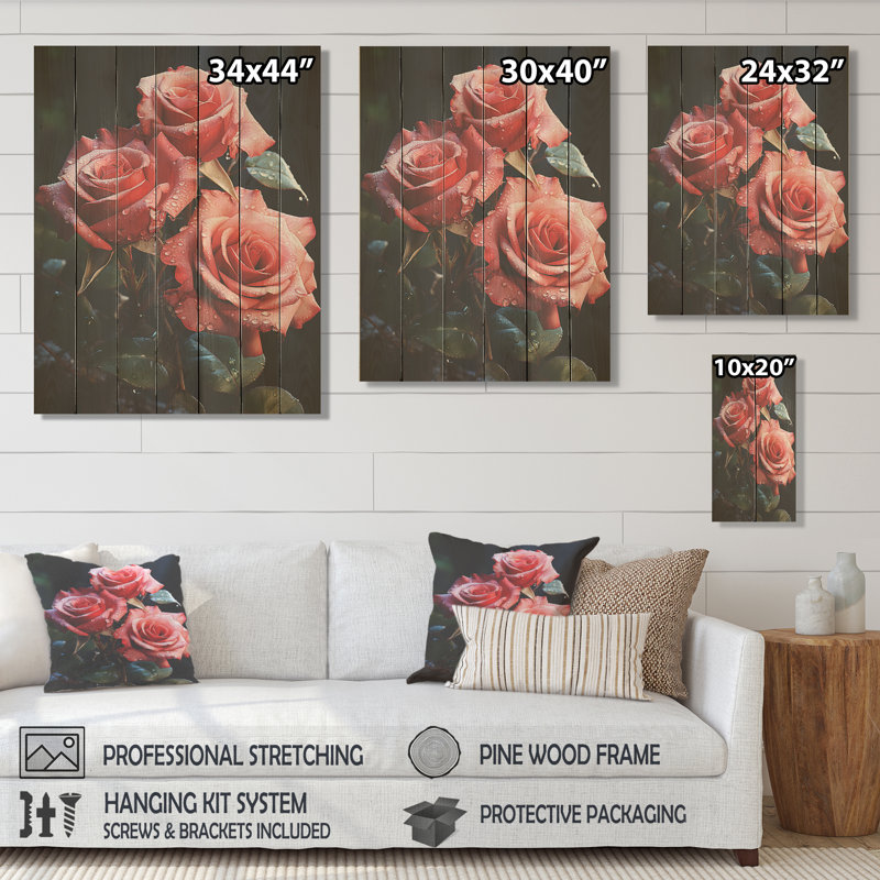 Rétro rose rouge rétro I - roses sur bois, H 32 po x l 24 po
