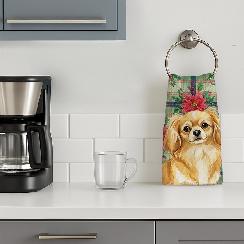 Gold Tibetan Spaniel Christmas PoinsettIas Kitchen Towel, Gold Tibetan Spaniel