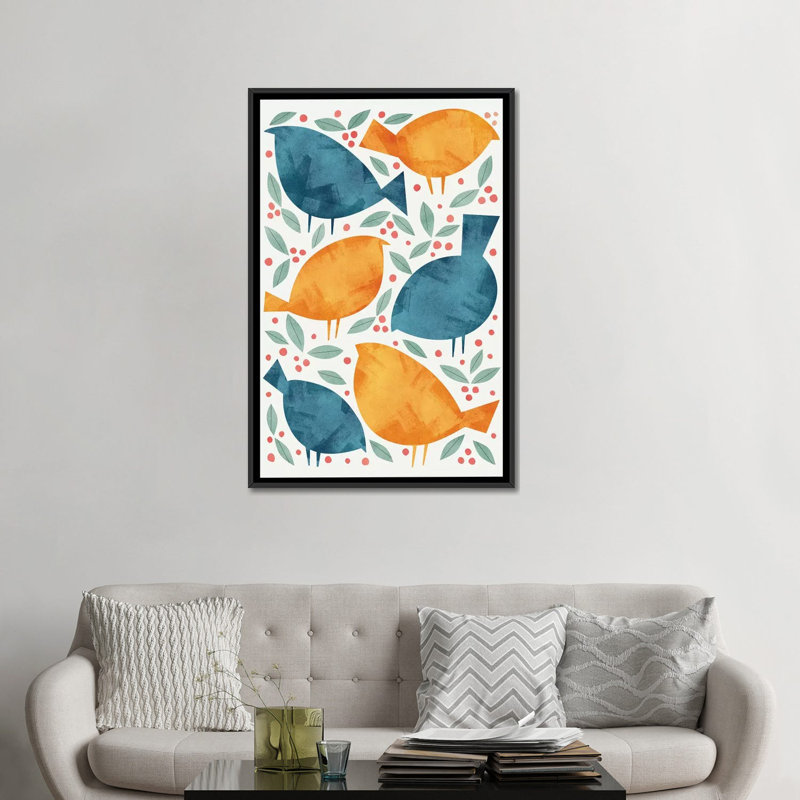 « oiseaux »-impression sur toile tendue, H 26 po x l 18 po x P 1,5 po, Toile avec cadre noir, Pas de tapis