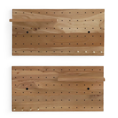  Solid Elm Pegboard Wall Organizer Set with 2 Shelves and 8 Pegs