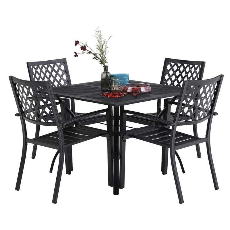 Pickens 4 - Person Stainless Steel Patio Dining Set Umbrella Hole Included Square Table