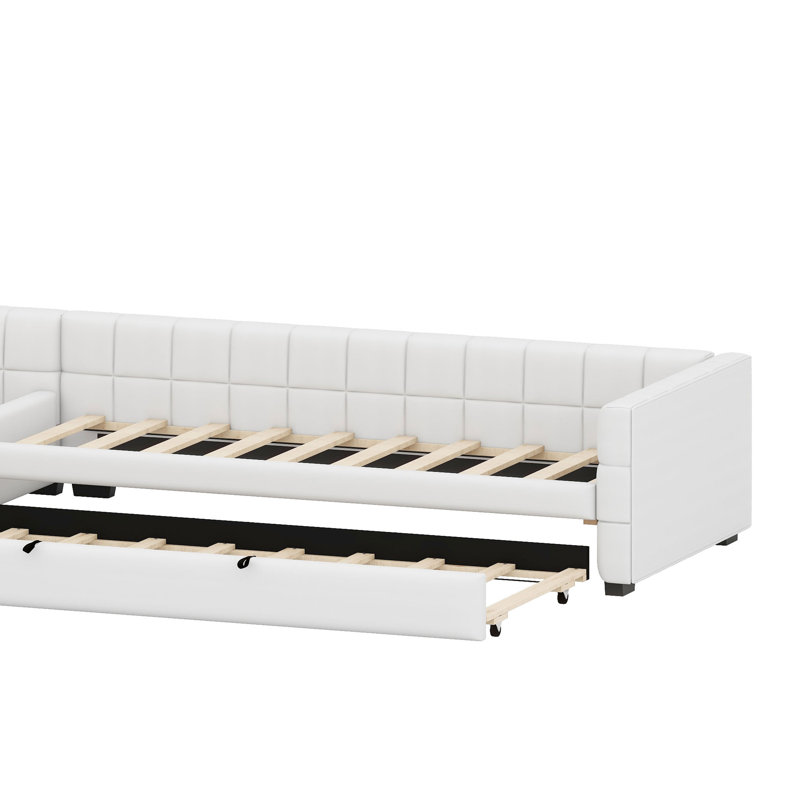 Lit de jour rembourré en L multifonctionnel avec couchette et tiroir, Beige