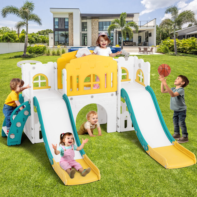 Joyldias 70.9'' W 9 In 1  Plastic Climber Toddler Slide, Toddler Playground With Double Slides,, Yellow/Green