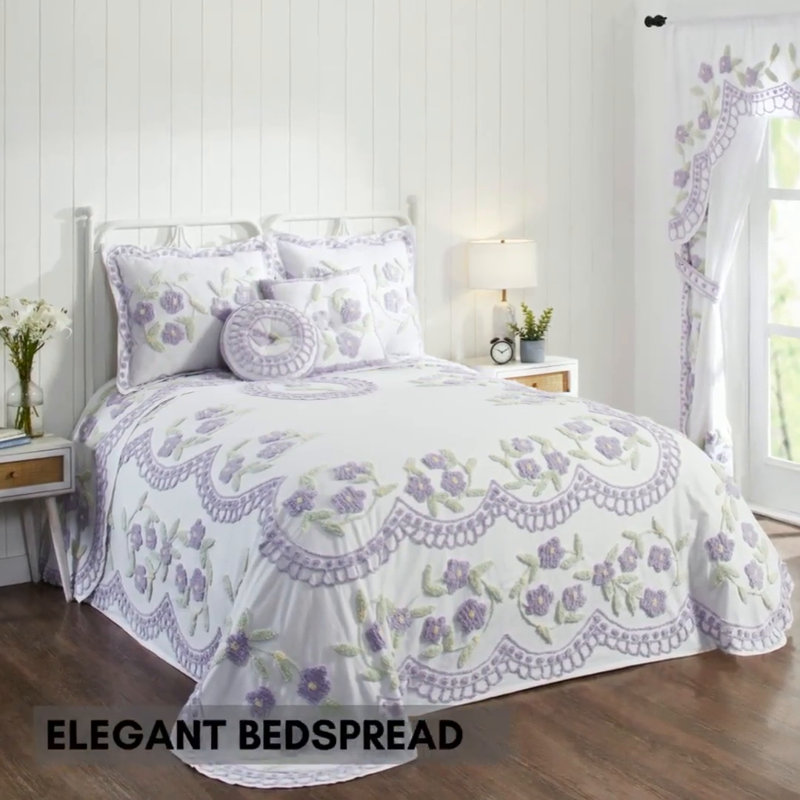 Lavender Floral Cotton Chenille Tufted Twin Bedspread