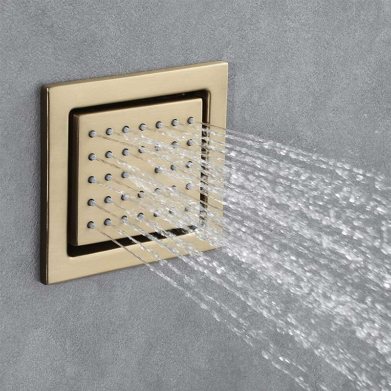 Système de douche thermostatique à télécommande en or brossé avec pluie et jets