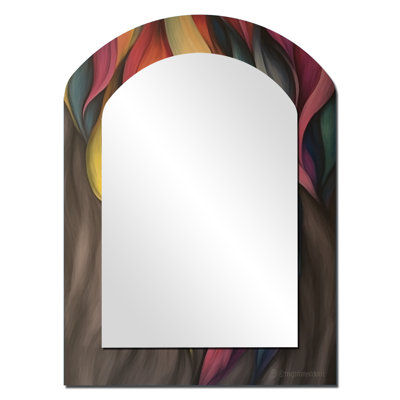 Aquarelle de feuilles pastel colorées rétro gris - peinture abstraite grand miroir asymétrique, décor de miroir mural unique arche moderne, impression d'art en métal