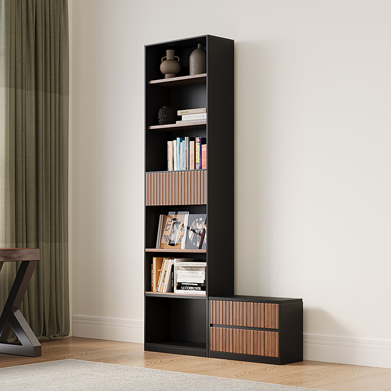 Selznick 85.8'' Tall Bookcase with Movable Footstool and Open Shelves Storage Drawers, Black/Brown