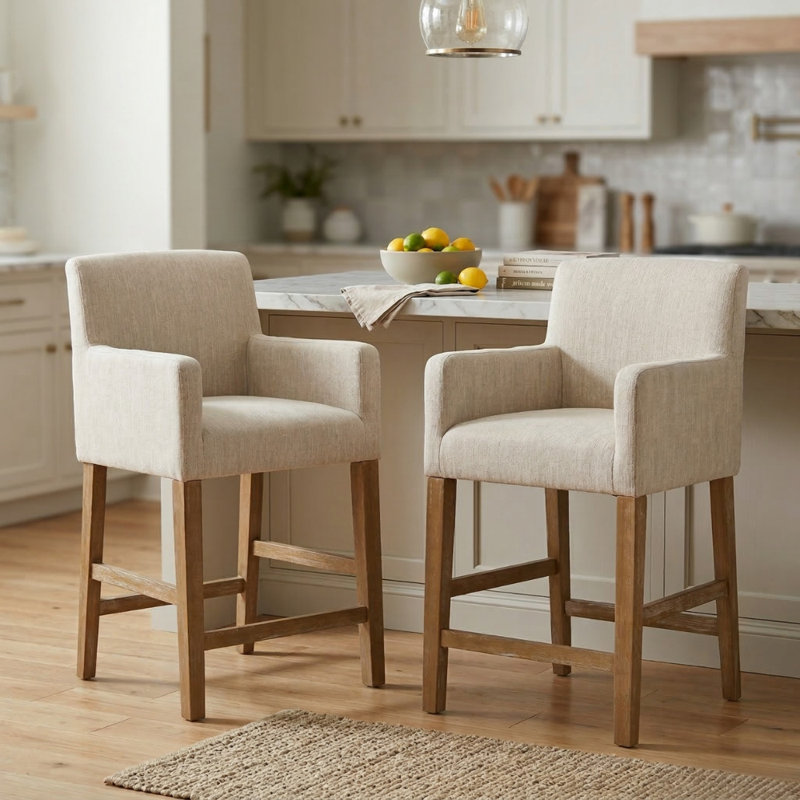 Alighiero Solid Wood Stool, 2, Counter Stool (26" Seat Height), Beige/Weathered Brown