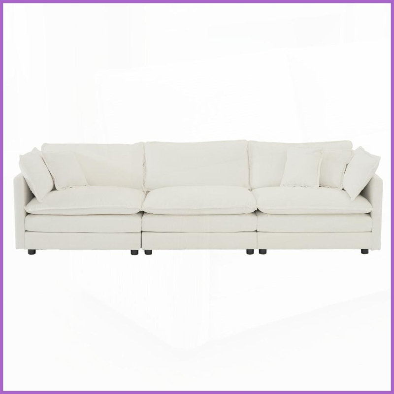 Canapé en chenille 3 places Mid-Century moderne avec 5 coussins - blanc, salon polyvalent et confortable