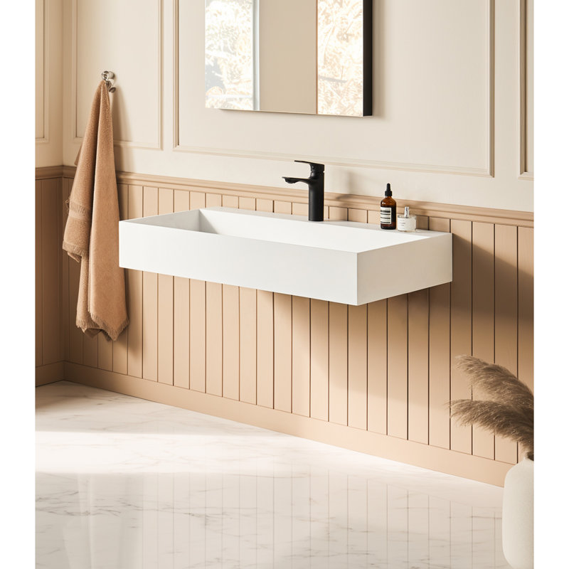 Évier vasque rectangulaire à fixation murale 36 po x 18 po blanc mat avec trou pour robinet. Salle de bain spacieuse pour un intérieur de bain élégant. Qualité de fabrication. Facile à installer Garantie moderne
