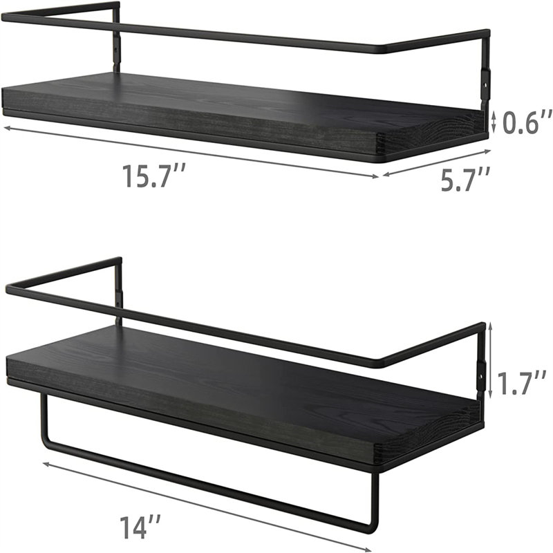 2 Piece Metal Floating Shelf with Towel Bar, Black