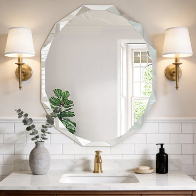 Oval Beveled Frameless Bathroom Vanity Mirror Decorative Wall Accent Mirror Diamond Bevel
