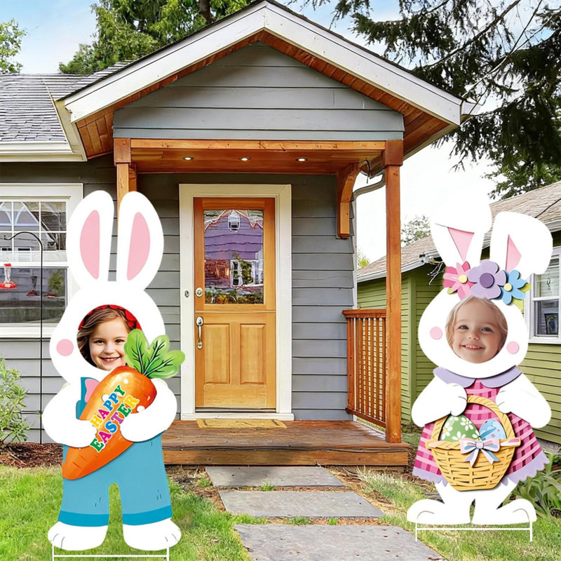 2 pièces Joyeuses Pâques Visage des décorations de jardin Mignon lapin