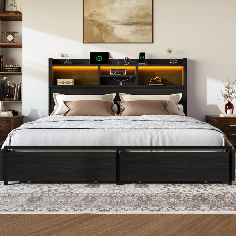 King Bed With 6 Storage Drawers, Platform Bed With Bookcase Headboard&led Light, Black, Black, King