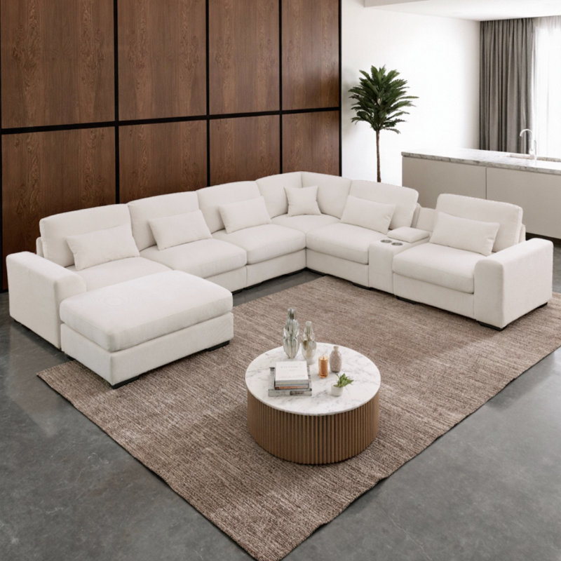 Canapé modulaire en L de 146 po avec repose-pieds mobile et 6 coussins décoratifs en L de 146 po, canapé rembourré en chenille 7 places avec porte-gobelet 2, port USB et boîte de rangement cachée, combinaison de bricolage, pour le salon