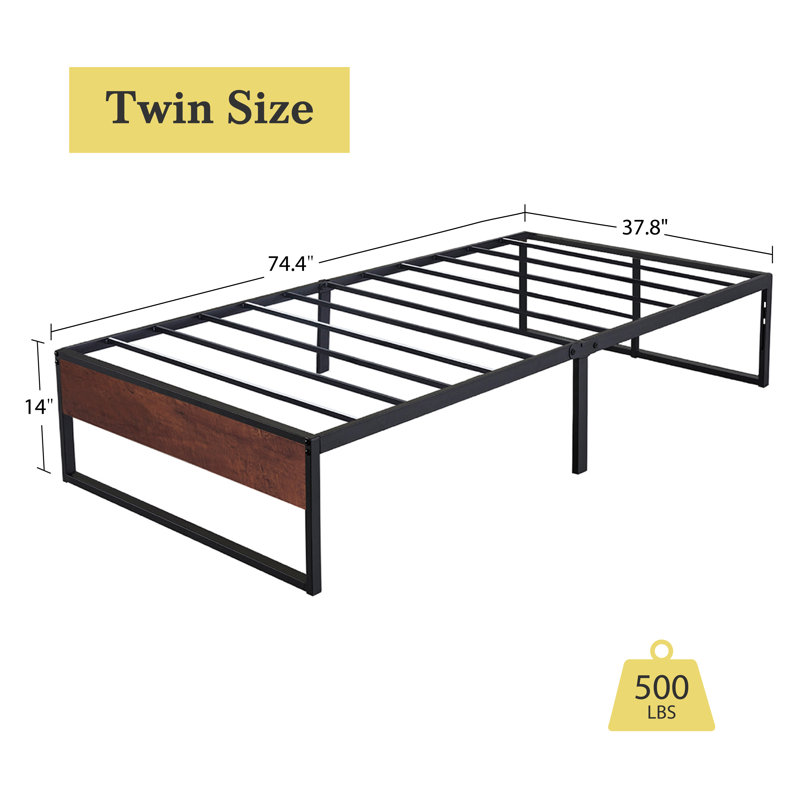 17 Stories Twin Size Platform Bed Frame, 14 Inch Metal Bed Frame For Storage, Mattress Foundation With Rustic Wood, No Box Spring Needed, Easy Assembly, Wood Slats