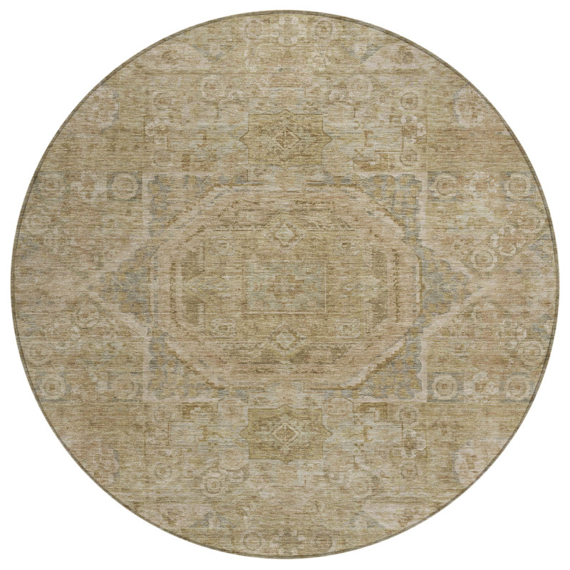 Machine Washable Indoor/Outdoor Xhevrie Tan Rug, Round 8'