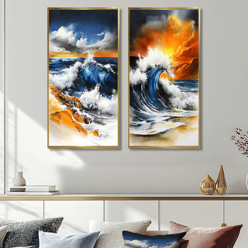 «Abstract Ocean Waves in California I», art mural sur toile 2 pièces, Cadre flottant doré, H 32 po x l 32 po