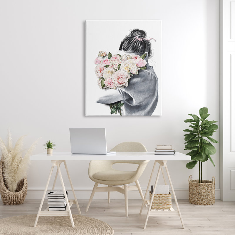 Femme avec bouquet de fleurs roses, Toile tendue, H 48 po x l 36 po