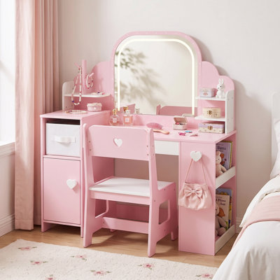 Ensemble de coiffeuse et de chaises pour enfants avec miroir à DEL 3 couleurs, bibliothèque, tiroir et armoire de rangement