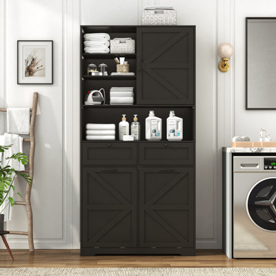 78.7"H Farmhouse Sliding Barn Door Laundry Cabinet Hamper, Freestanding Bathroom Storage Cabinet With 2 Laundry Baskets And 2 Drawers