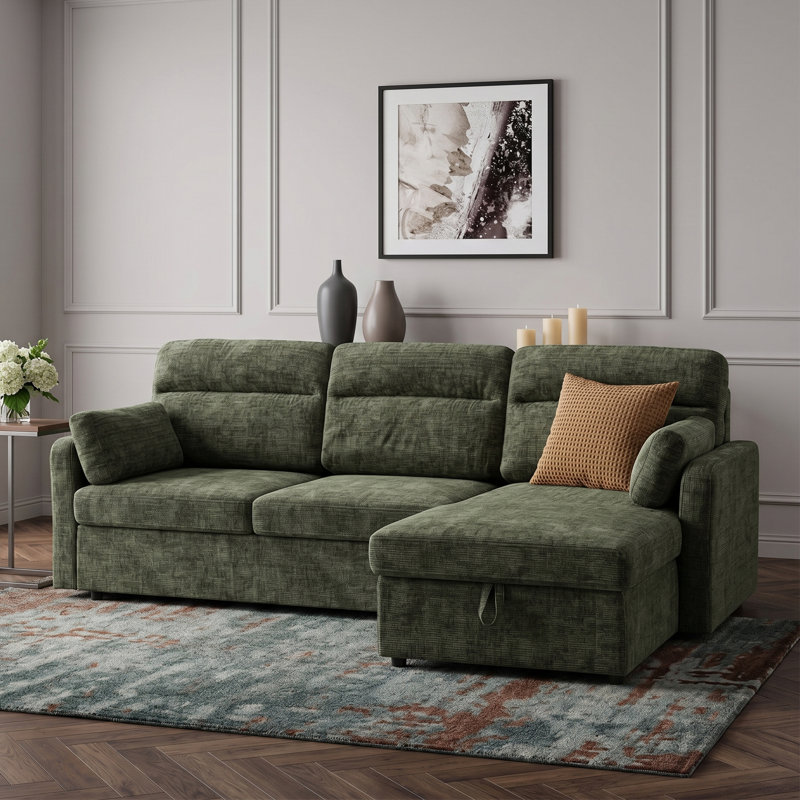 Canapé-lit modulaire en L convertible en L 91 po avec deux coussins de rangement, Chenille verte