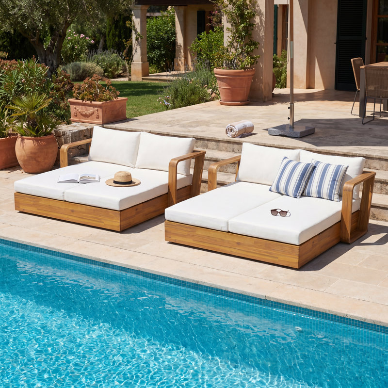 Canapé-lit de jardin inclinable avec coussins et oreillers de dossier couleur crème, capacité de 363 kg, en teck et crème