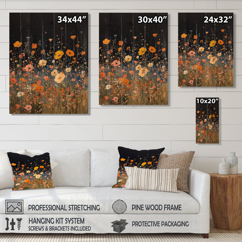 Yellow Wildflowers Mid Night Meadow III - Wildflowers Wood Wall Art - On Natural Pine Wood, 20" H x 10" W x 0.78" D