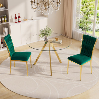 Ensemble de table de salle à manger en verre avec chaises rembourrées en velours