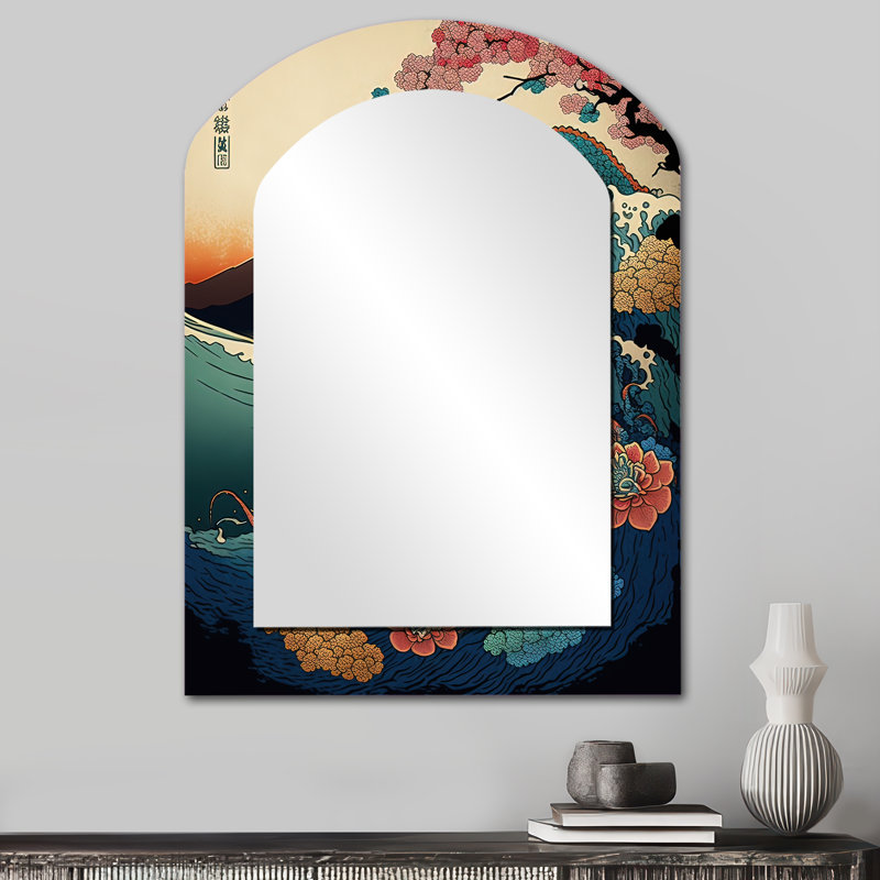 Japanese Landscape With Lezard - Japan Asymmetrical Unique Wall Mirror, Traditional Arch Mirror, Printed Metal Art, 34" x 25"