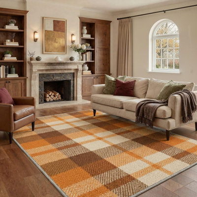 4x6 Washable Rug Non Slip Backing Low Pile Lightweight Plaid Print Area Rugs for Living Room Bedroom Dining Room Indoor, Warm Latte