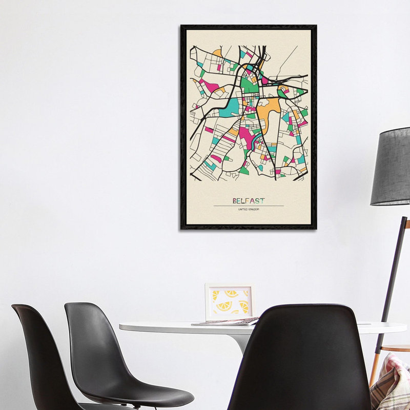 Belfast, United Kingdom Map by Ayse Deniz Akerman - Floater Frame Print on Canvas, 101.6 cm H x 66.04 cm W
