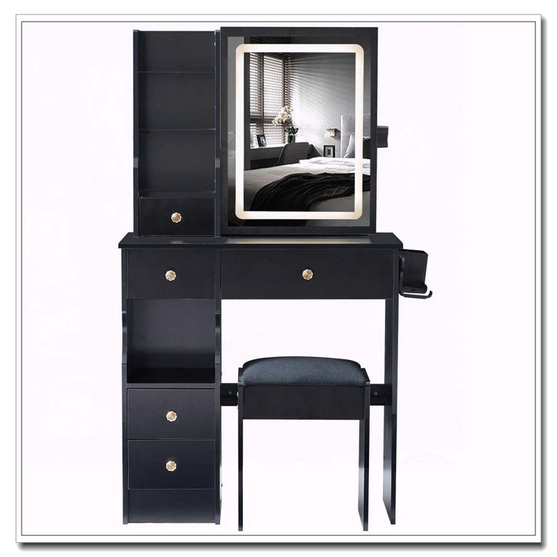 29.2" Small Space Vanity Table with LED Mirror, Power Station, Hair Dryer Bracket and Stool, Black