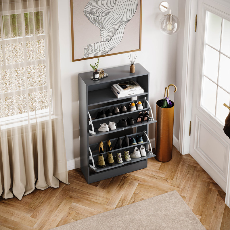 2 Drawer Shoe Cabinet with Open Shelf Modern Storage Furniture for Hallway Living Room Bedroom, Grey