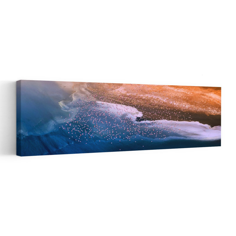Pink Flamingos Desert Lake Abstract Colorful Modern Bird Flamingo Landscape Nature Wall Art, 30.48 cm H x 91.44 cm W