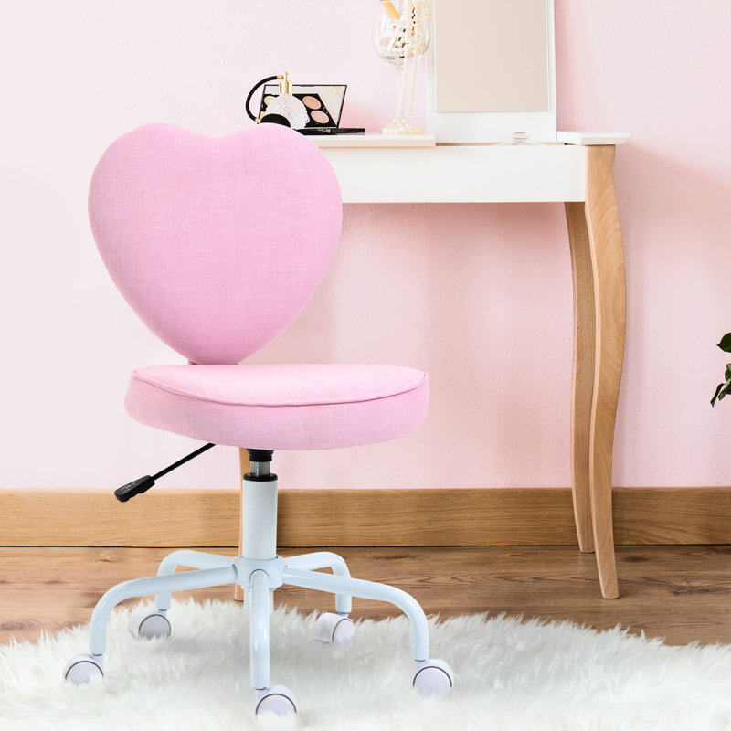 Chaise de bureau réglable en hauteur rose avec pivot à 360 ° et conception «Heart Love», siège en lin avec dossier pivotant et rembourré