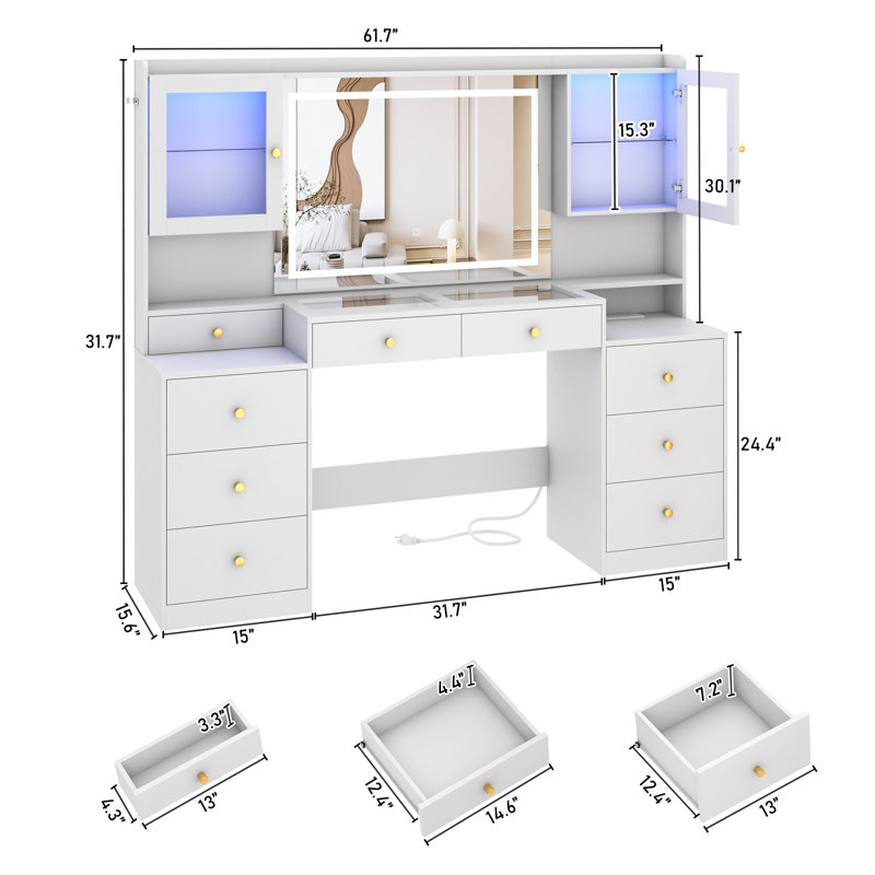Bureau de 62 po avec miroir éclairé, plateau en verre trempé, prise de courant, 9 tiroirs et 2 armoires lumineuses RVB, Blanc