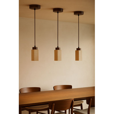 Luminaire de lustre réglable élégant, corps en bois avec capuchon en travertin, 9,8 x 9,8 x 7,1 pouces | Hauteur totale: 9,1 à 60,2 pouces | Finition beige et noyer, convient au salon, à la salle à manger et aux entrées, ampoule non incluse