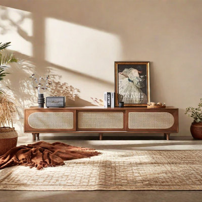 Retro rattan design sense solid wood TV cabinet