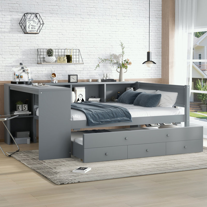 Full Size Daybed with Trundle, Storage Drawers and Side Shelves, Gray, Full/Double