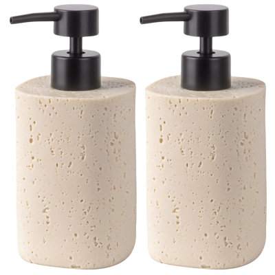 Resin Soap Dispensers, Refillable Liquid Lotion Dispenser Bottles with Travertine-Look for Bathroom and Kitchen Countertop, Modern Stone Texture, 2 Pack, (Beige)