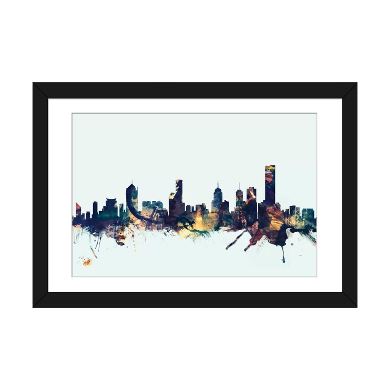 Skyline Series: Melbourne, Australie - impression sur toile tendue, H 24 po x l 32 po x P 1 po, Papier d'art encadré noir