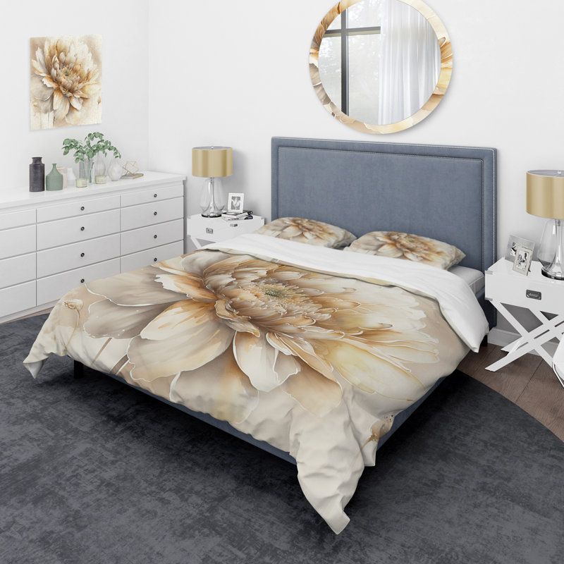 Ensemble de housse de couette simple fleur beige en V - Polyester en microfibre