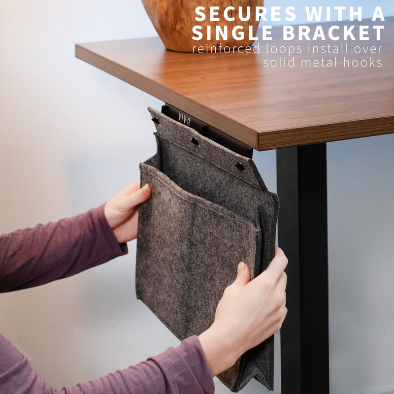 Sleek Modern Gray Felt & Steel Side Desk Storage Pocket