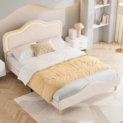Cadre de lit rembourré à DEL pour enfants / filles - tête et pied de lit réglables, plateforme Princess, lattes de bois douces et robustes, assemblage facile, pas de sommier tapissier, grand lit, beige