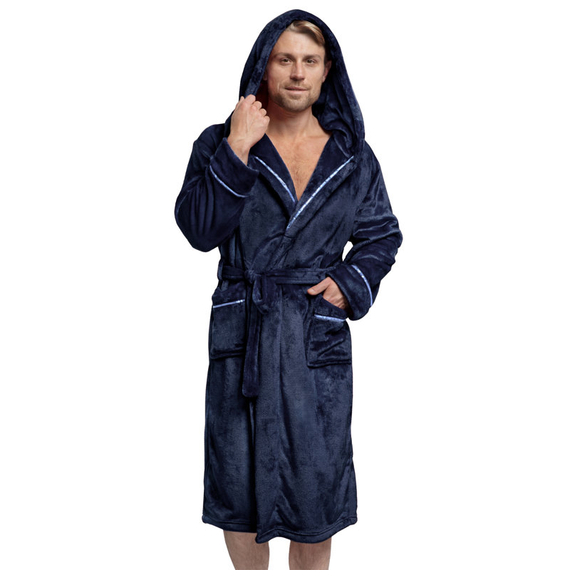 Yasmeli Fleece Boy / Man+ Mid-Calf Bathrobe with Pockets and Hood, Navy with Hood