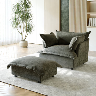 Plush Gray Upholstered Chenille Accent Chair with Oversized Cloud Cushions and Movable Ottoman