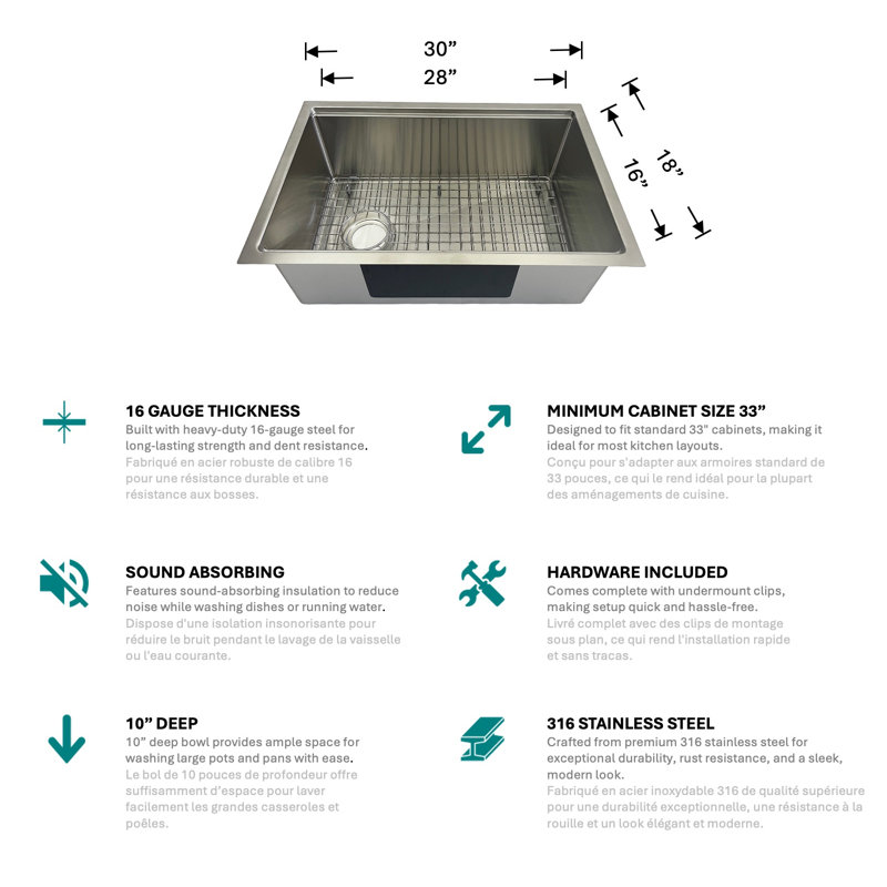 Évier de cuisine encastré en acier inoxydable - bol simple de 30 pouces avec accessoires